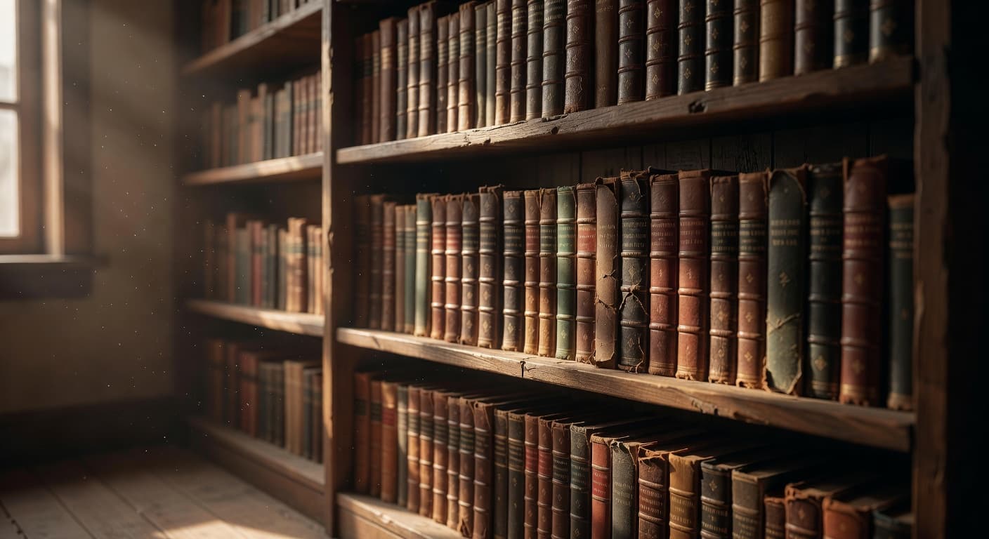 Estantería con libros antiguos iluminados por luz cálida lateral