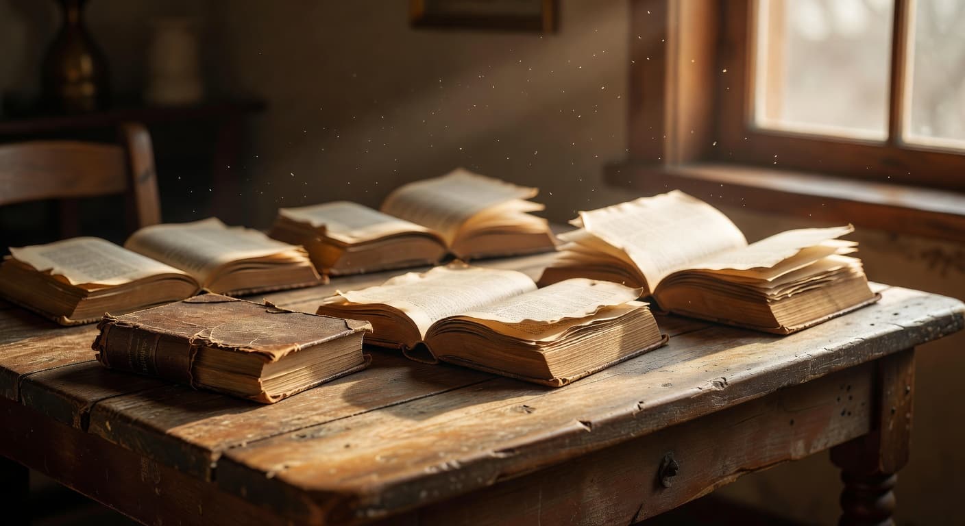 Libros antiguos abiertos sobre una mesa de madera iluminados por luz cálida natural