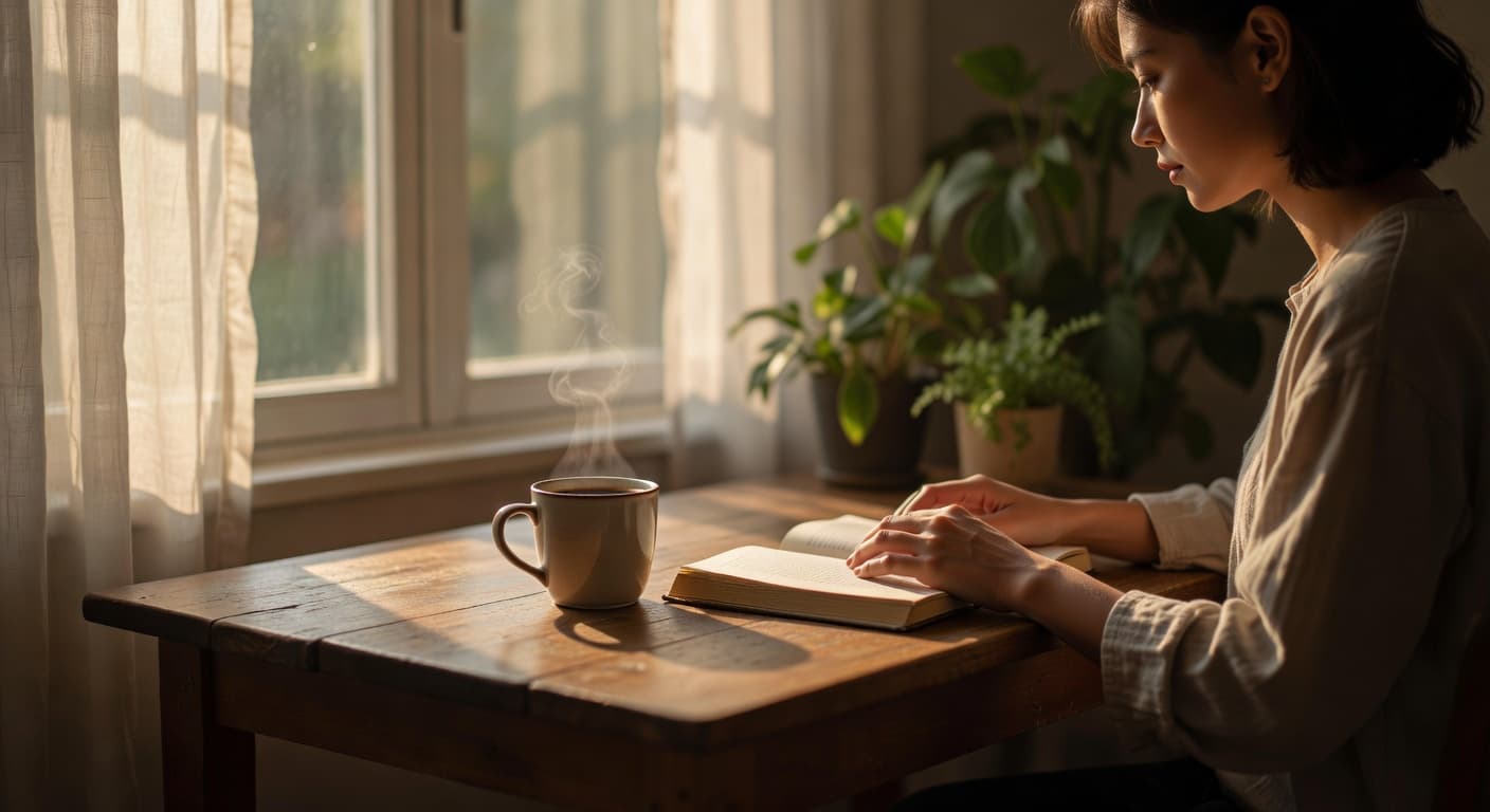 Persona sentada junto a una ventana con luz cálida de la mañana, leyendo en un momento de calma