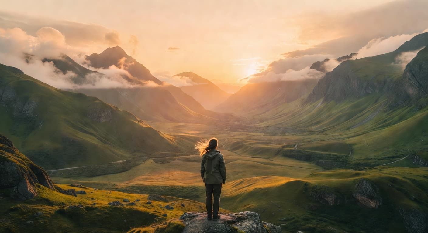 Persona en silencio contemplando un paisaje montañoso al amanecer con luz dorada