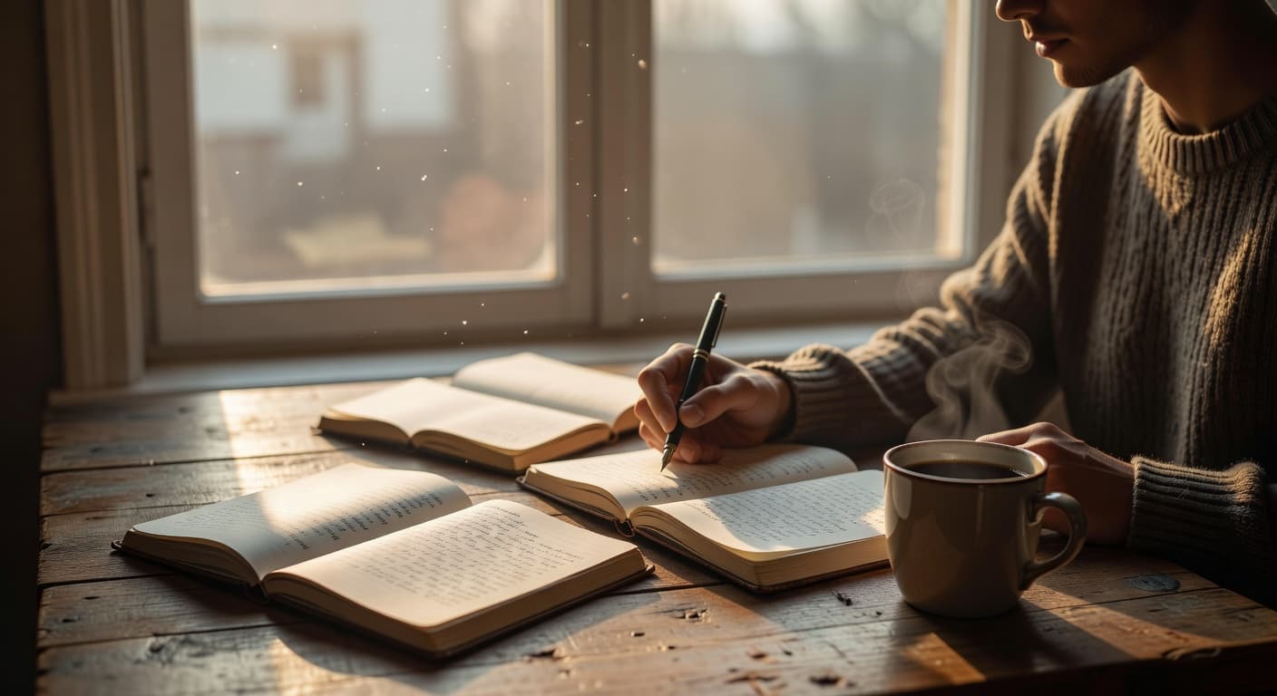 Persona estudiando con concentración en un escritorio iluminado por luz natural junto a una ventana