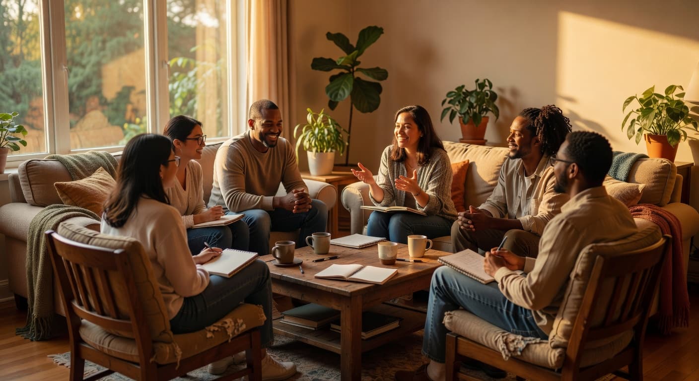 Grupo de personas reunidas en círculo conversando con luz cálida y natural