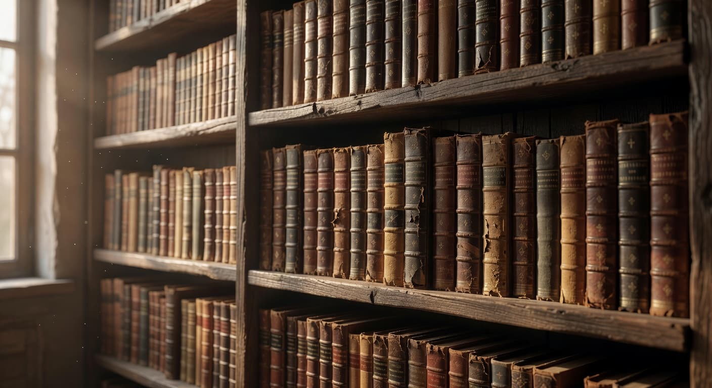 Estantes de una biblioteca antigua con libros ordenados y luz cálida entrando por una ventana