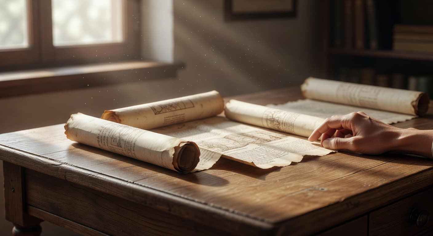 Libros antiguos abiertos sobre una mesa de madera iluminada por luz natural cálida