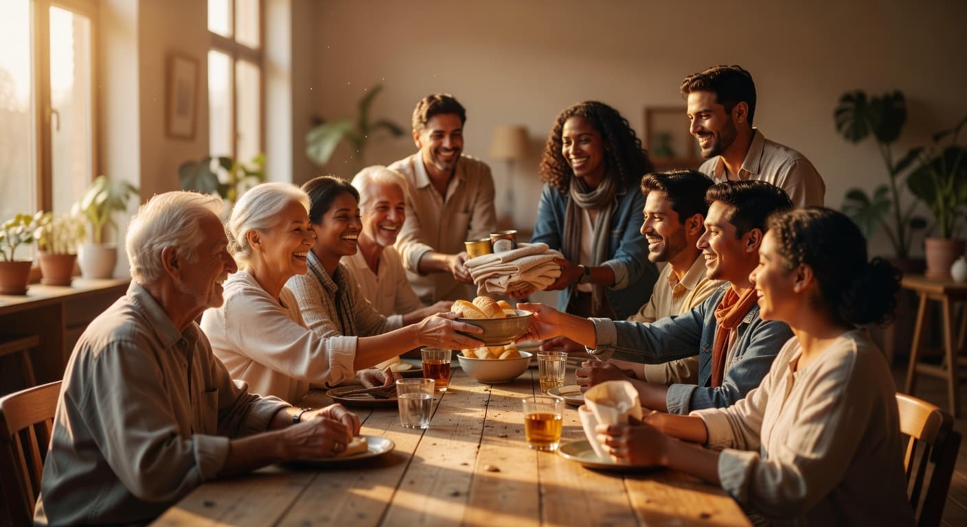 Grupo de personas colaborando juntas con actitud de servicio y compañerismo