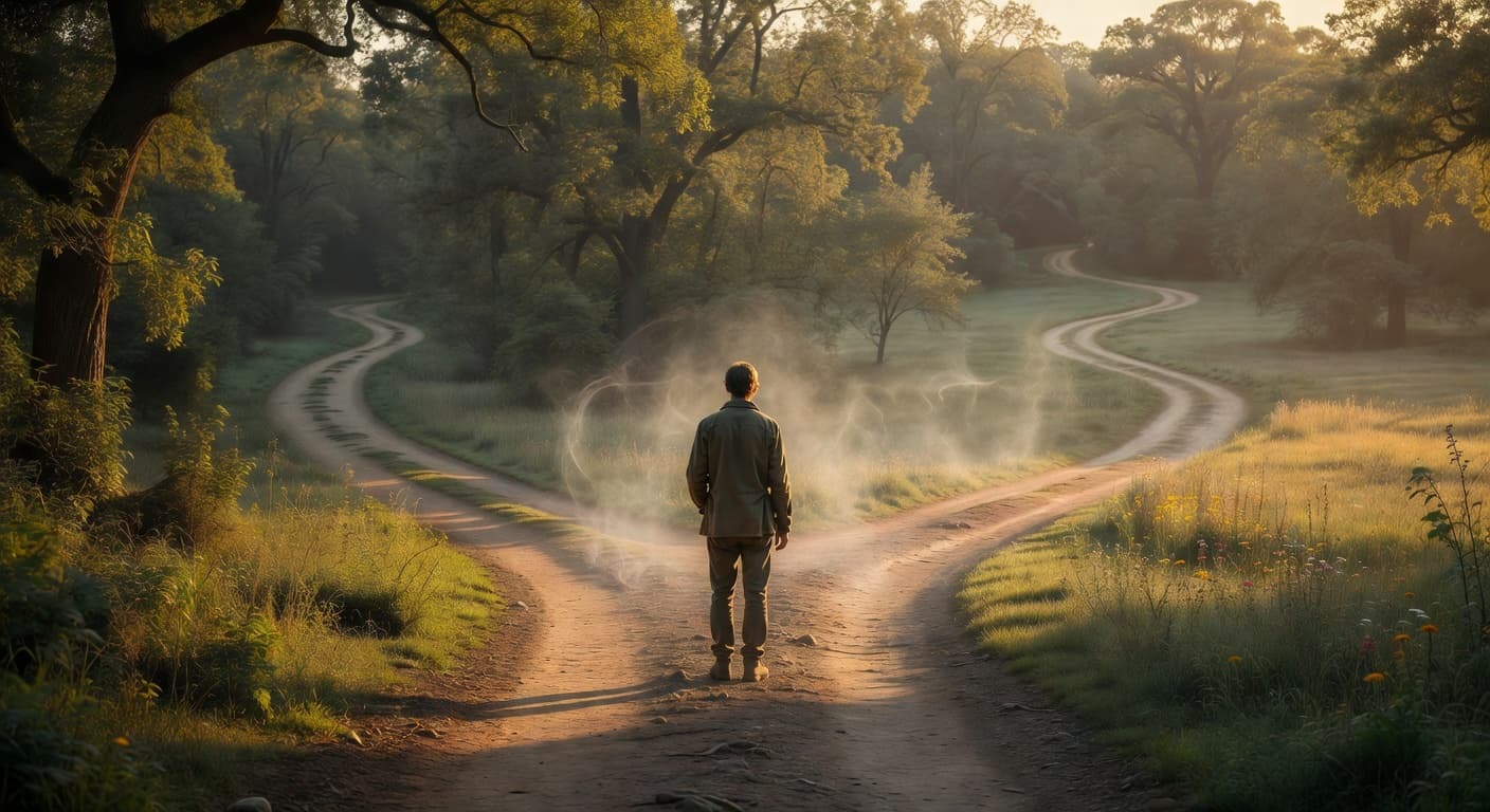 Persona de pie ante un camino que se bifurca en dos senderos al amanecer, con luz dorada entre los árboles