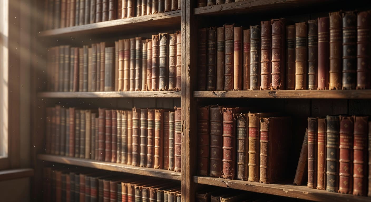 Estantería antigua con libros de diferentes tamaños y épocas iluminados por luz cálida
