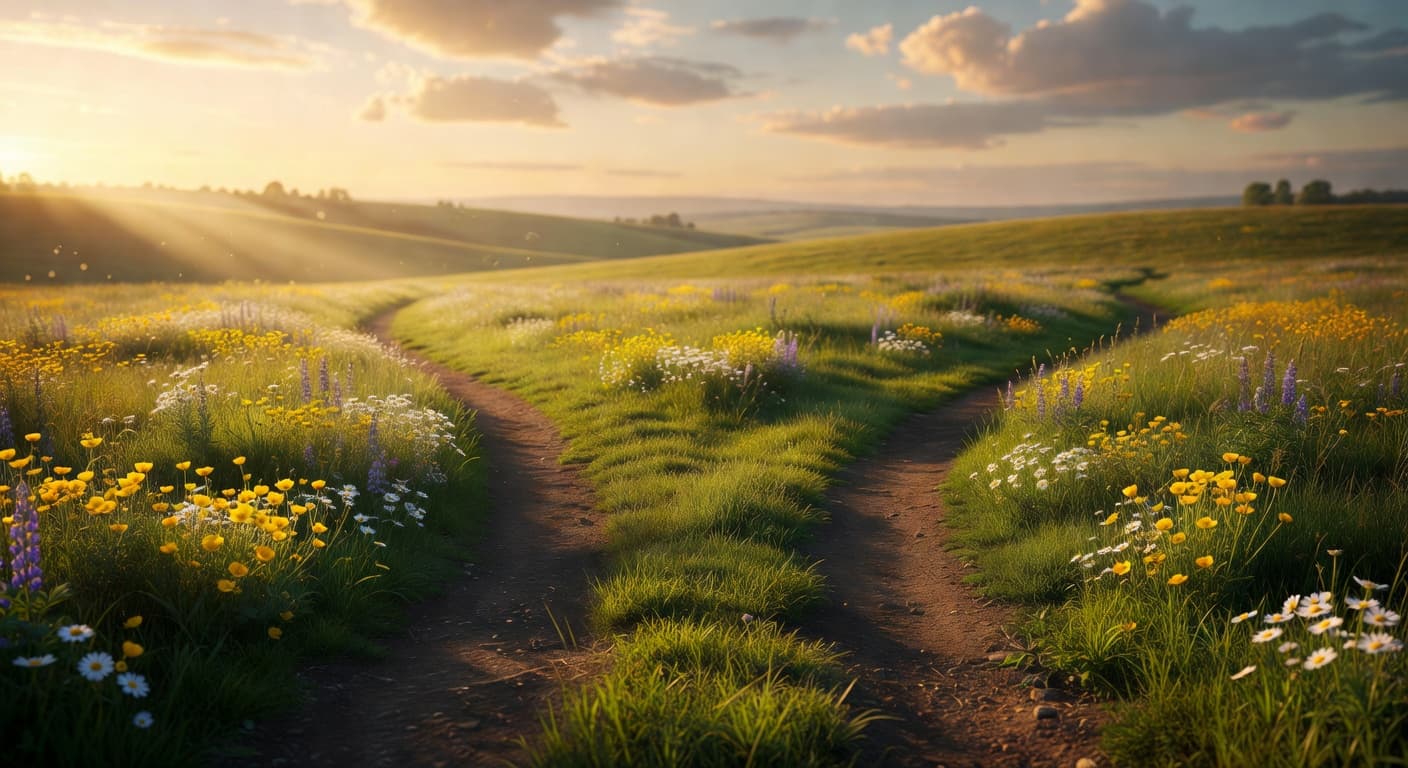 Dos caminos de tierra que se bifurcan en un paisaje verde bajo una luz cálida de atardecer
