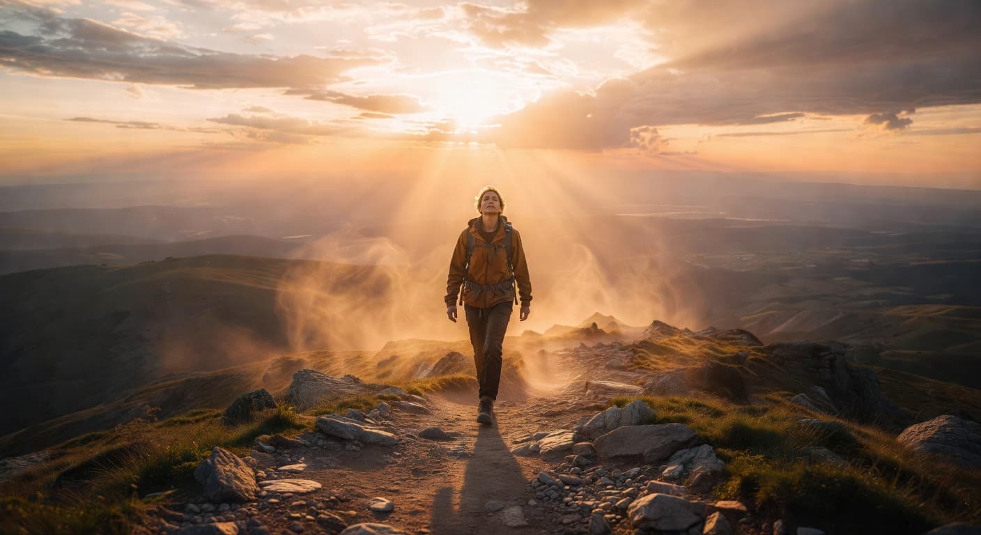 Persona caminando sola por un sendero de montaña al amanecer con luz dorada