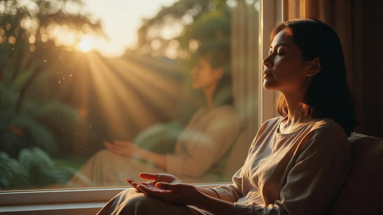 Persona sentada en silencio junto a una ventana con luz cálida del amanecer, en actitud reflexiva y serena