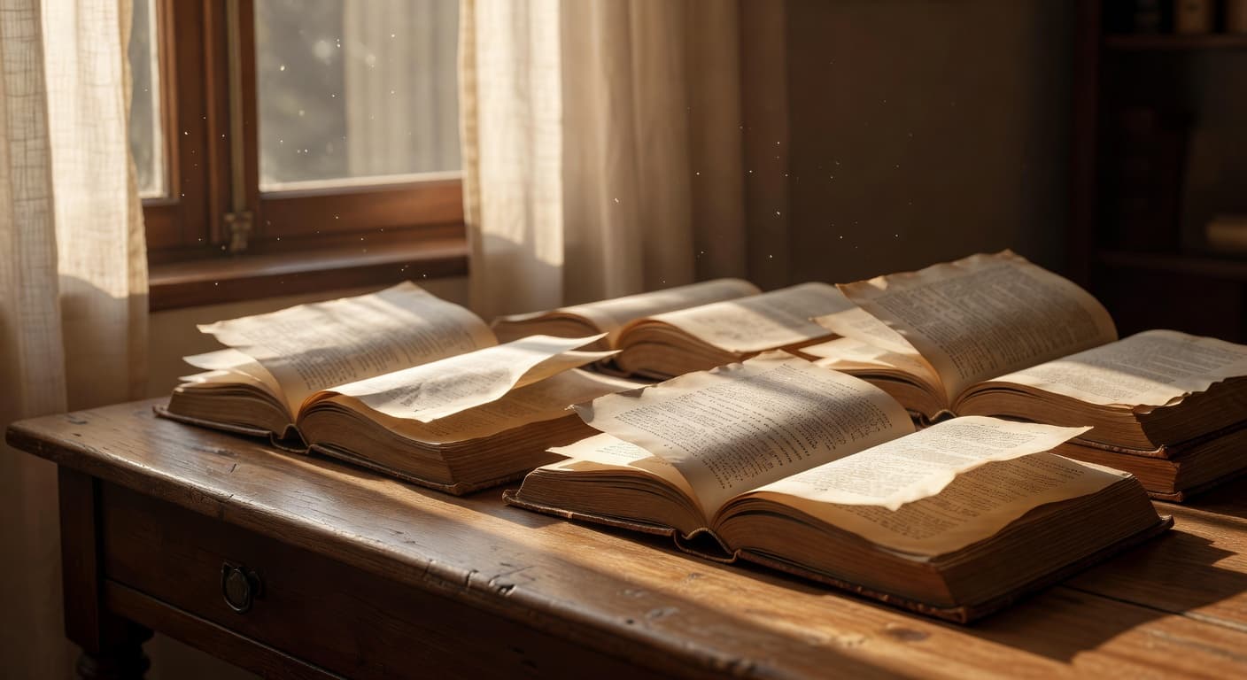 Varios libros abiertos sobre una mesa de madera iluminada por luz natural