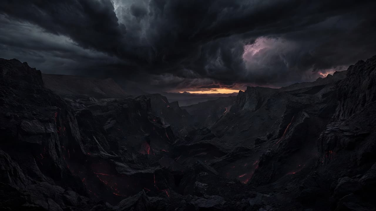 Paisaje oscuro con un horizonte lejano donde asoma una luz tenue entre nubes densas
