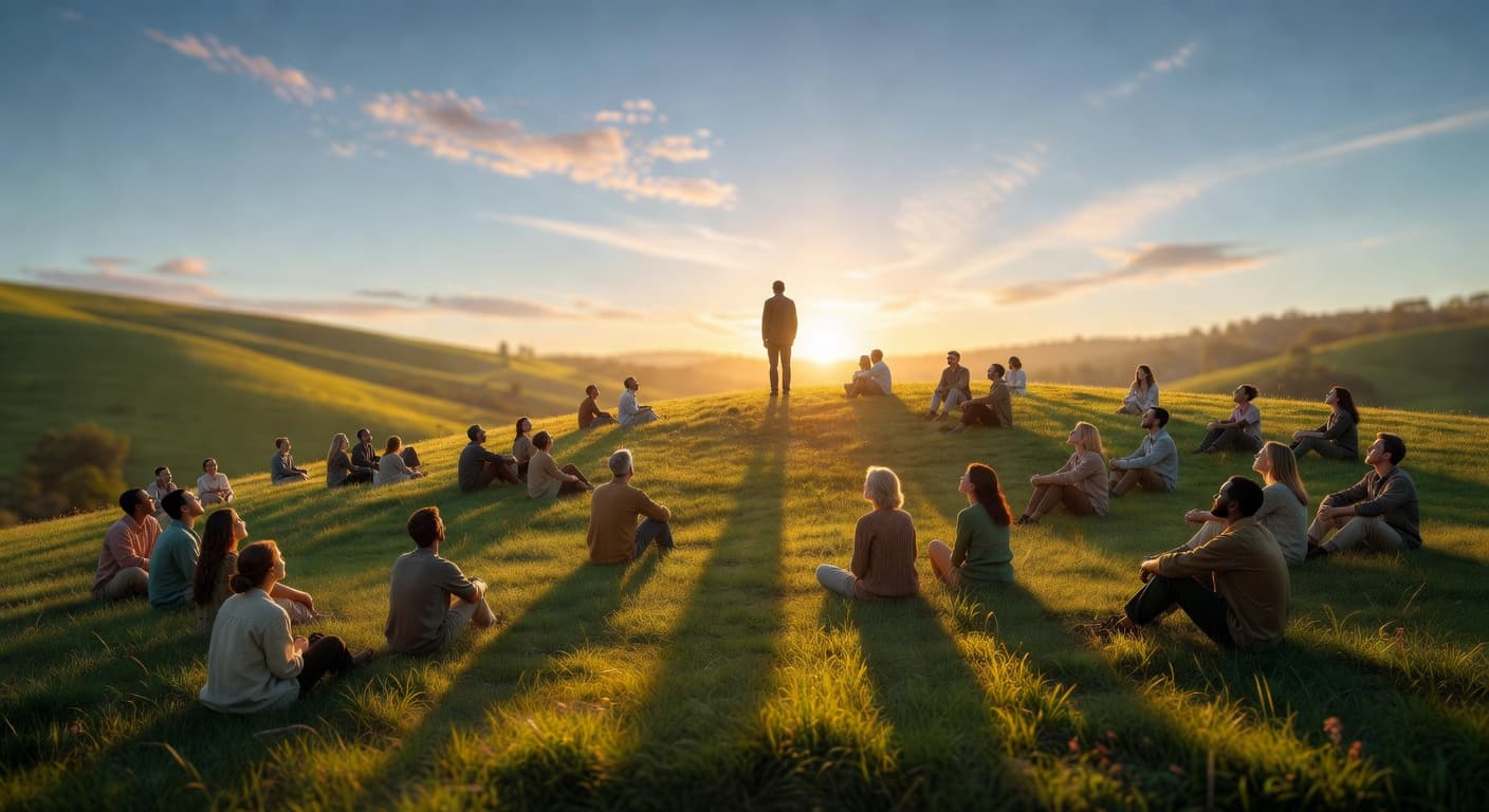 Vista panorámica de una colina verde al amanecer con luz dorada iluminando el paisaje