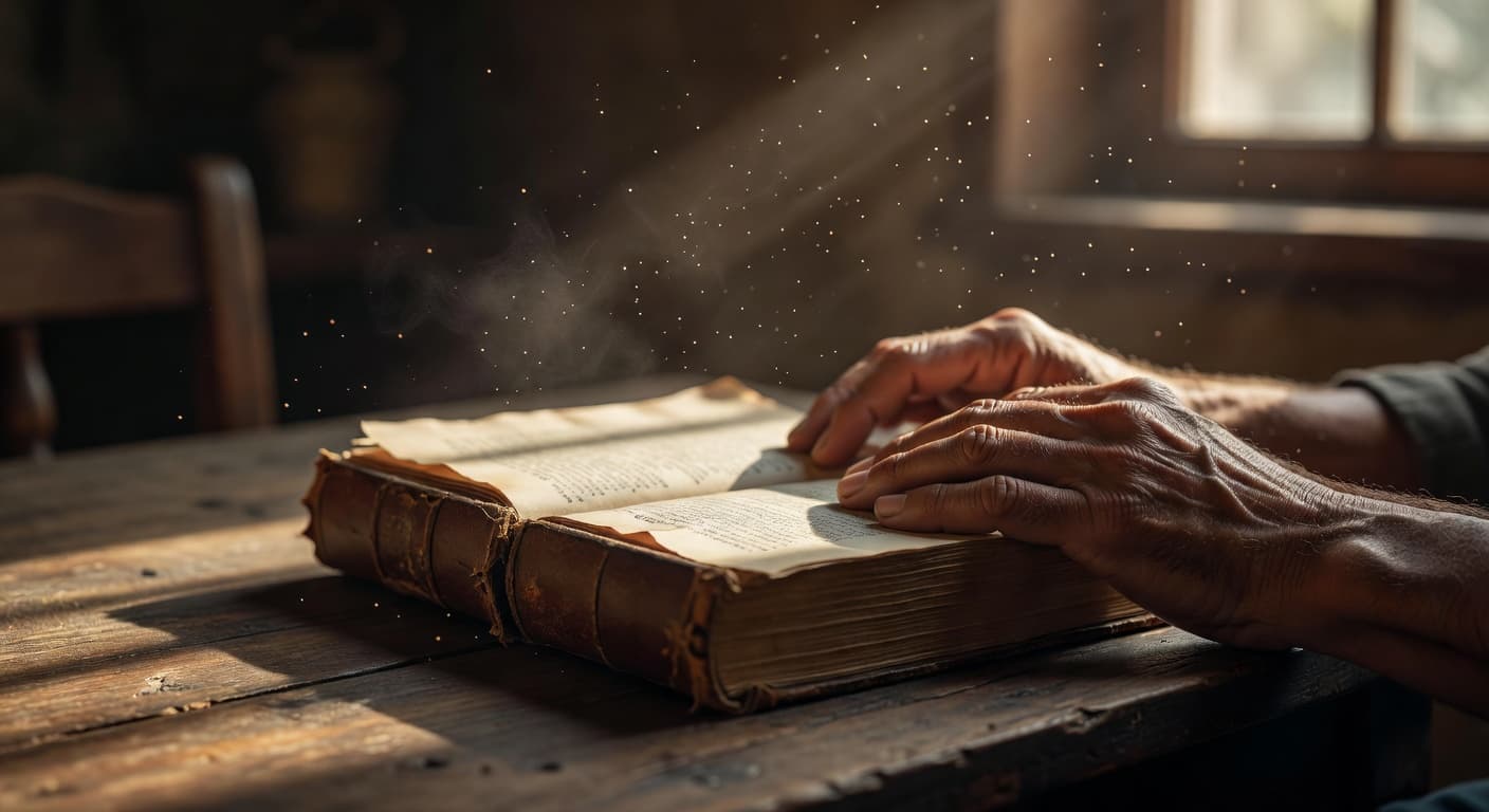 Manos sosteniendo un libro antiguo abierto bajo una luz cálida y suave
