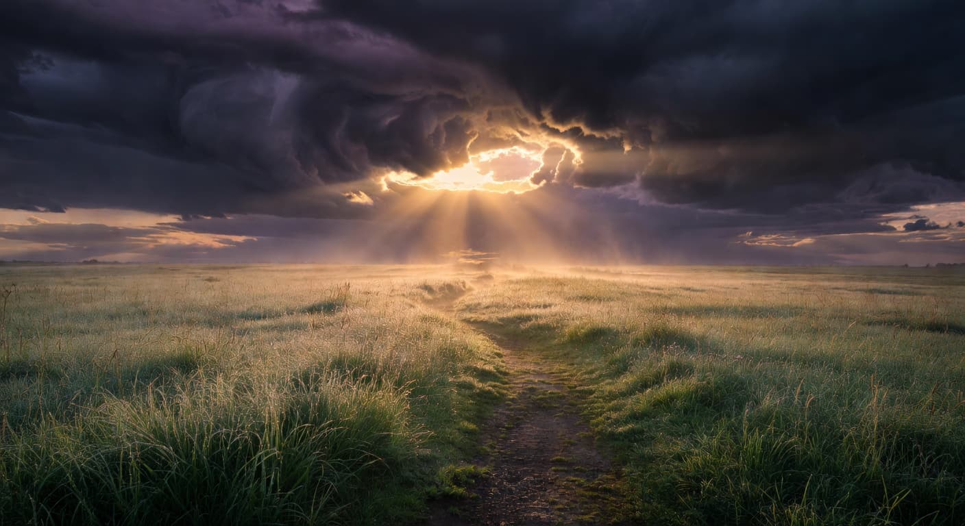 Amanecer dorado sobre un campo abierto que evoca esperanza y renovación