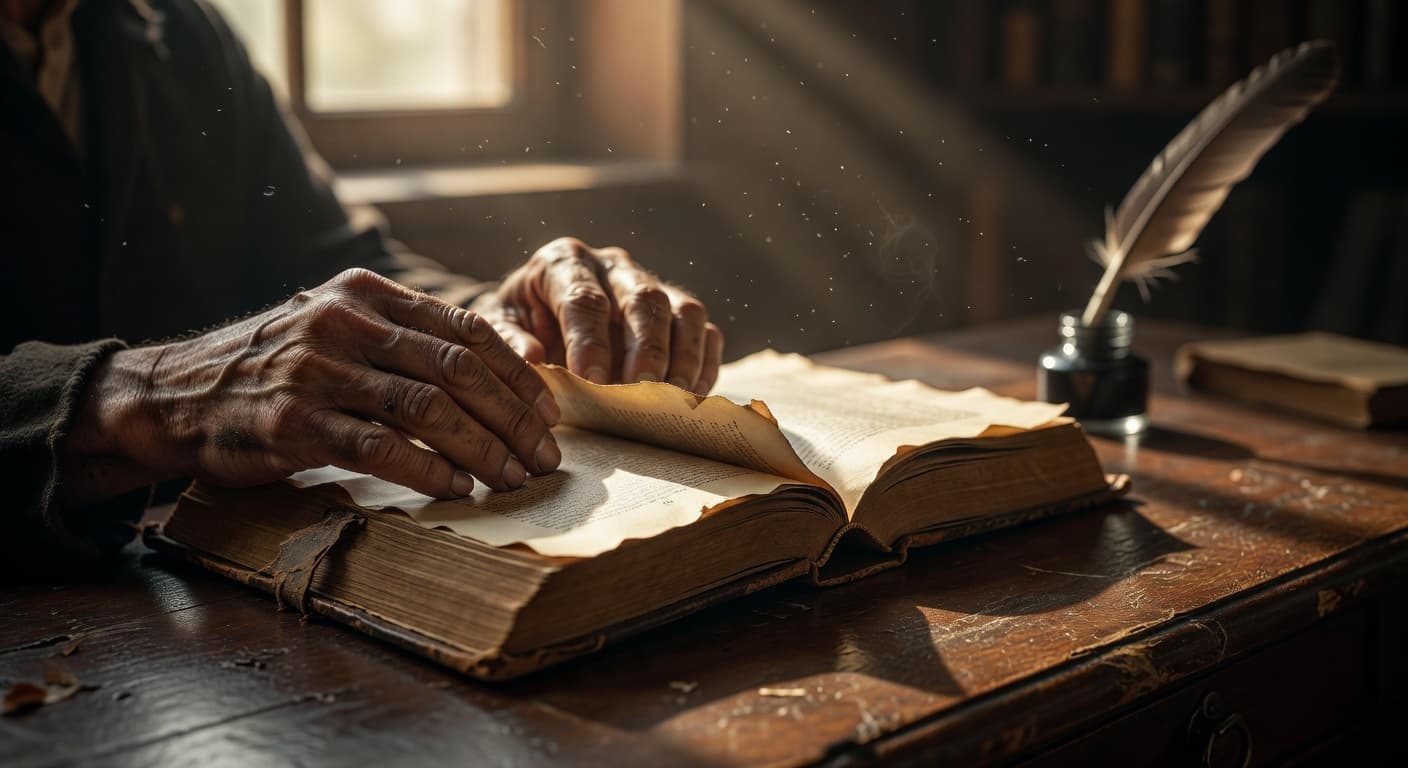 Libros antiguos abiertos sobre una mesa de madera iluminados por luz cálida natural