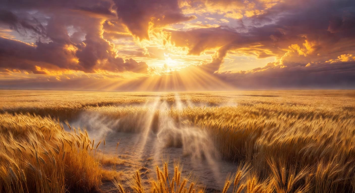 Amanecer dorado sobre un campo abierto con luz que atraviesa las nubes hacia la tierra