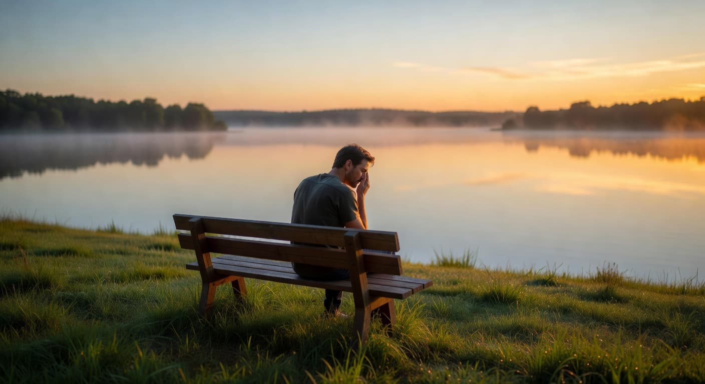 Persona sentada en calma junto a un lago al amanecer, descansando en medio de la naturaleza