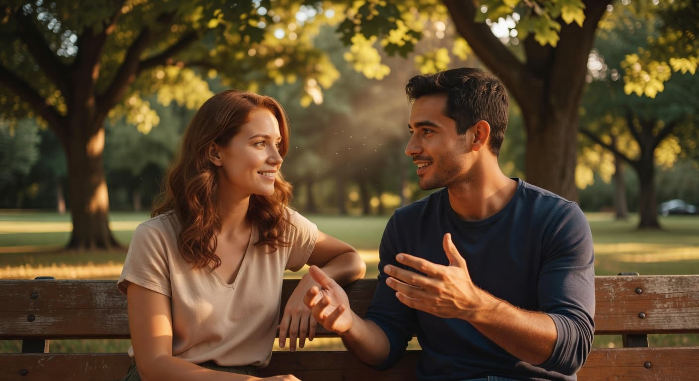 Dos personas conversando cálidamente en un parque al atardecer, con luz dorada natural