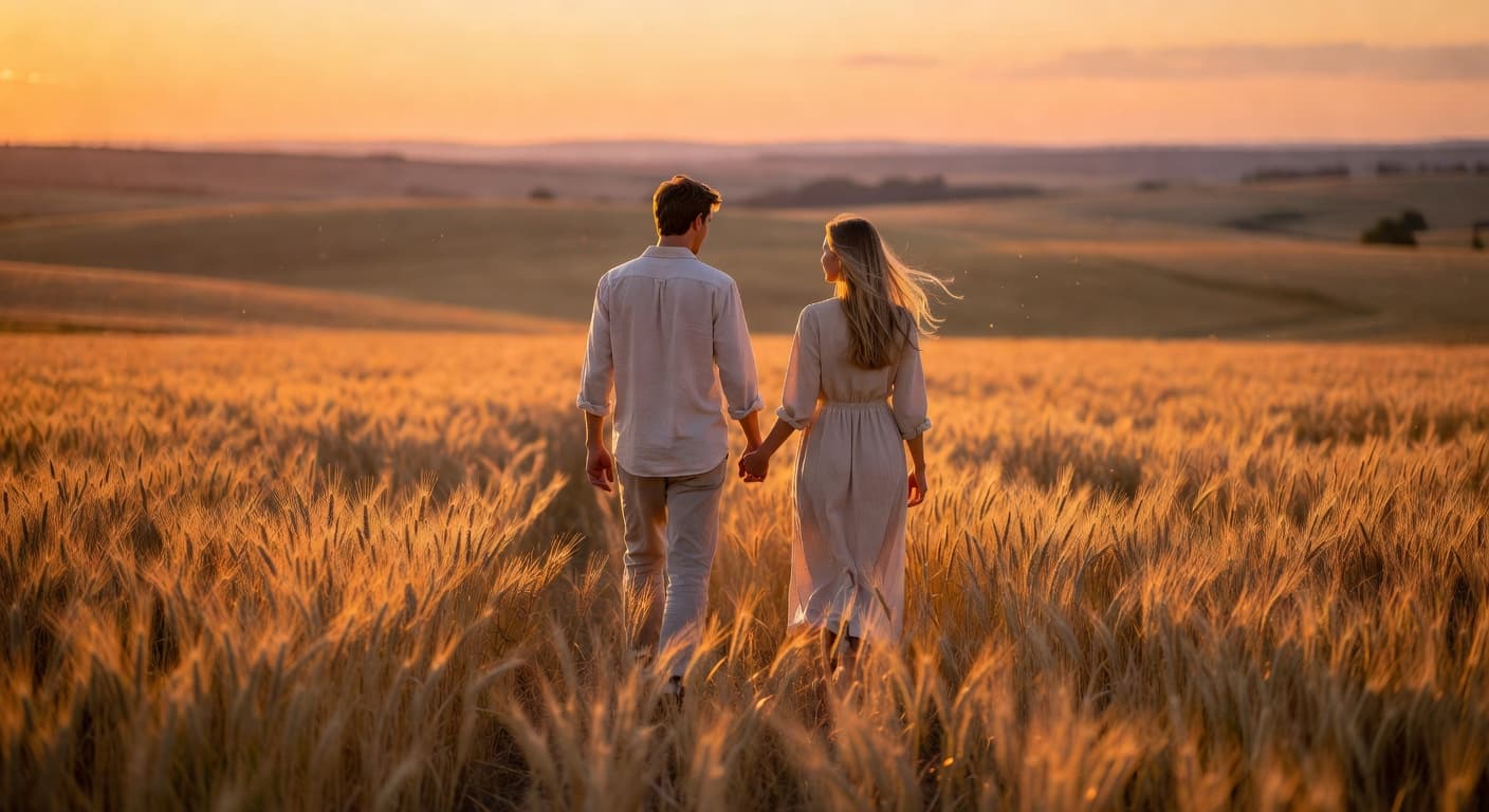 Pareja joven caminando junta al atardecer en un campo abierto, tomados de la mano