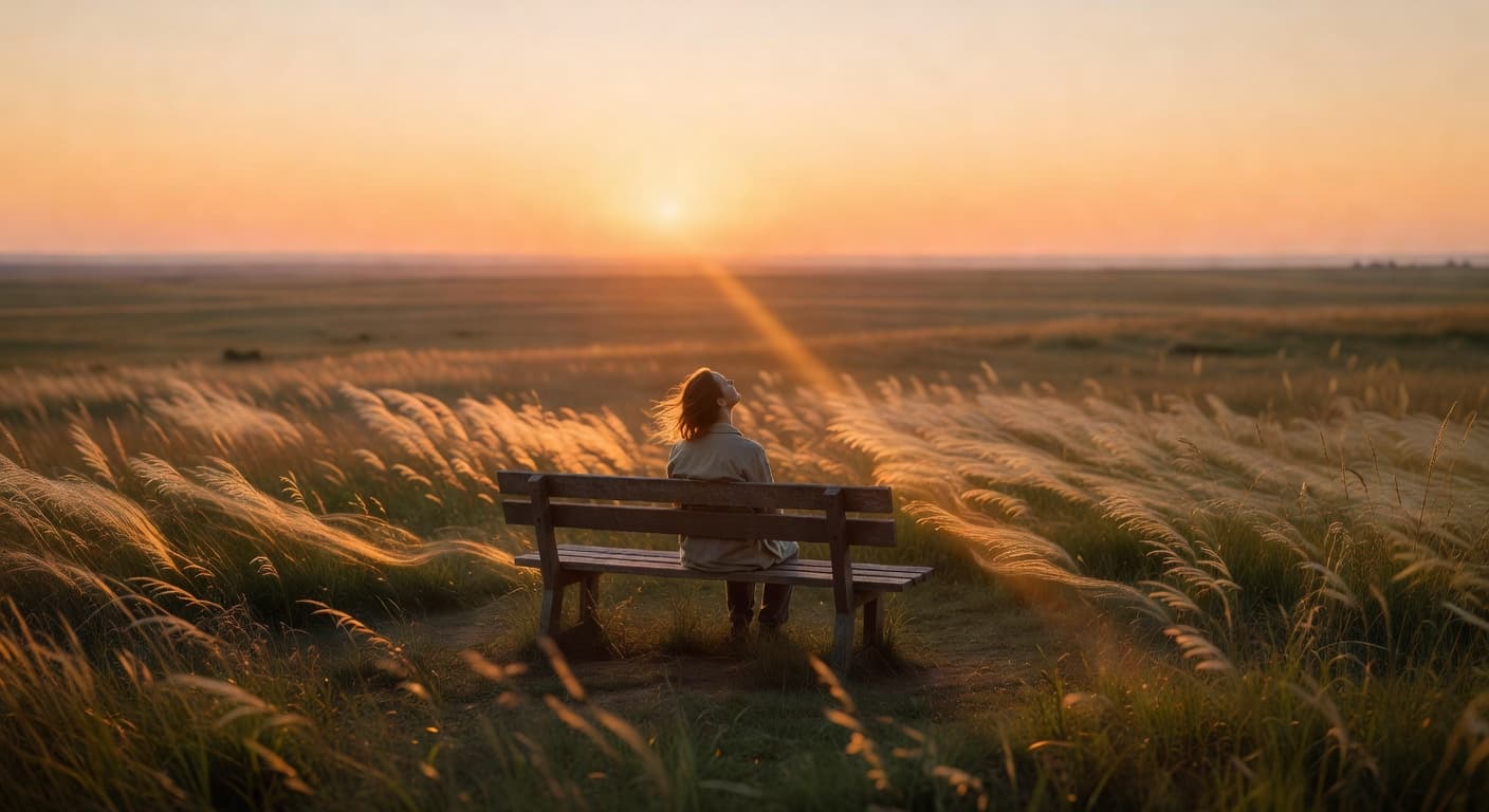 Persona sentada en calma frente a un paisaje abierto con luz cálida del atardecer