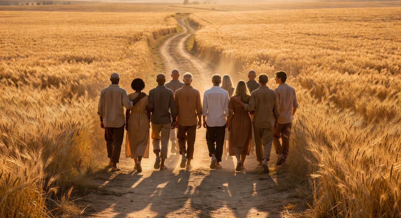 Grupo diverso de personas caminando juntas en un camino iluminado por luz cálida