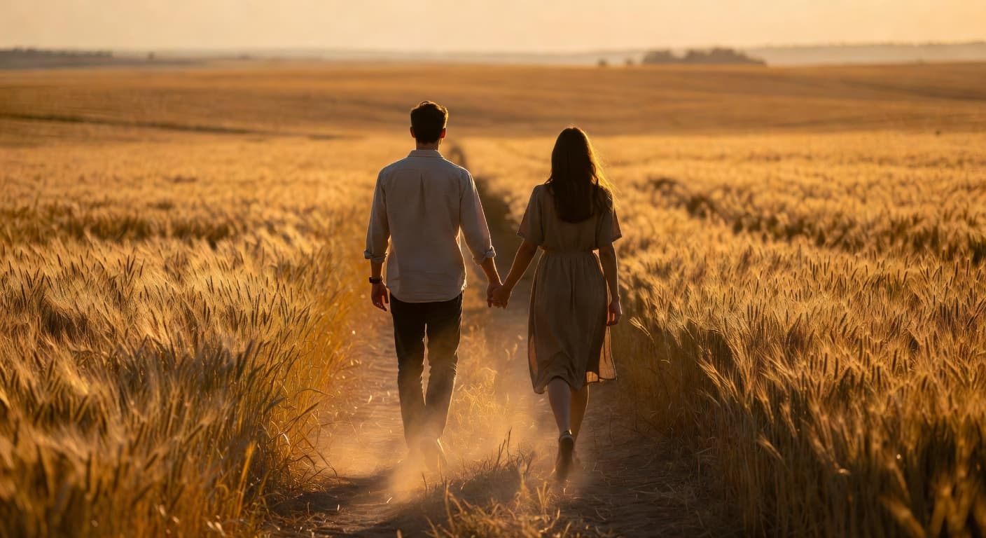 Pareja joven caminando tomados de la mano al atardecer en un campo abierto