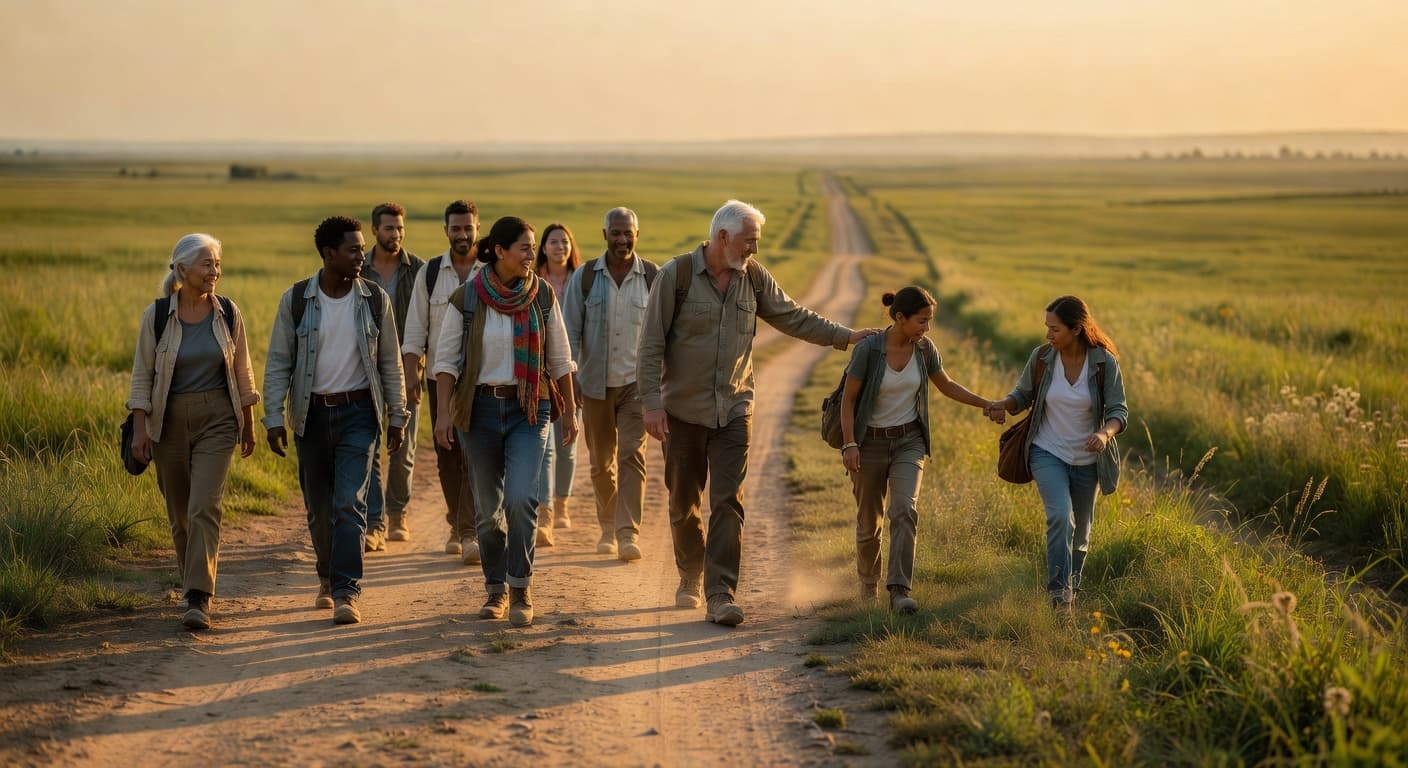 Grupo de personas caminando juntas al atardecer en un sendero abierto con luz dorada