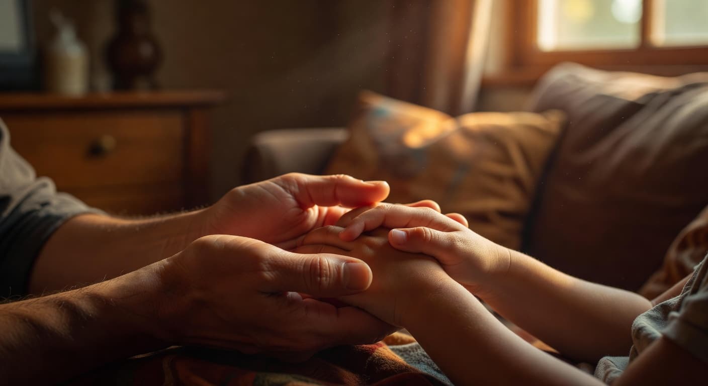 Manos de un adulto sosteniendo con ternura las manos pequeñas de un niño en un entorno cálido y luminoso