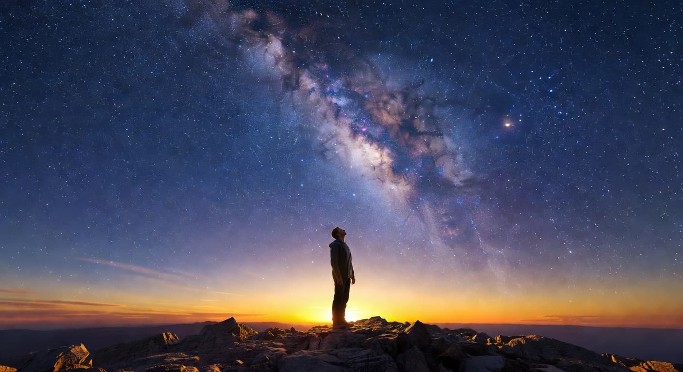 Cielo estrellado sobre un paisaje montañoso que evoca asombro y contemplación del universo