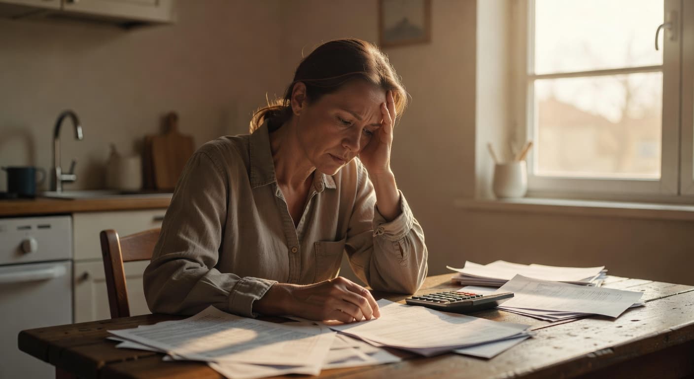 Persona sentada frente a una mesa con papeles y documentos financieros, con luz cálida entrando por la ventana