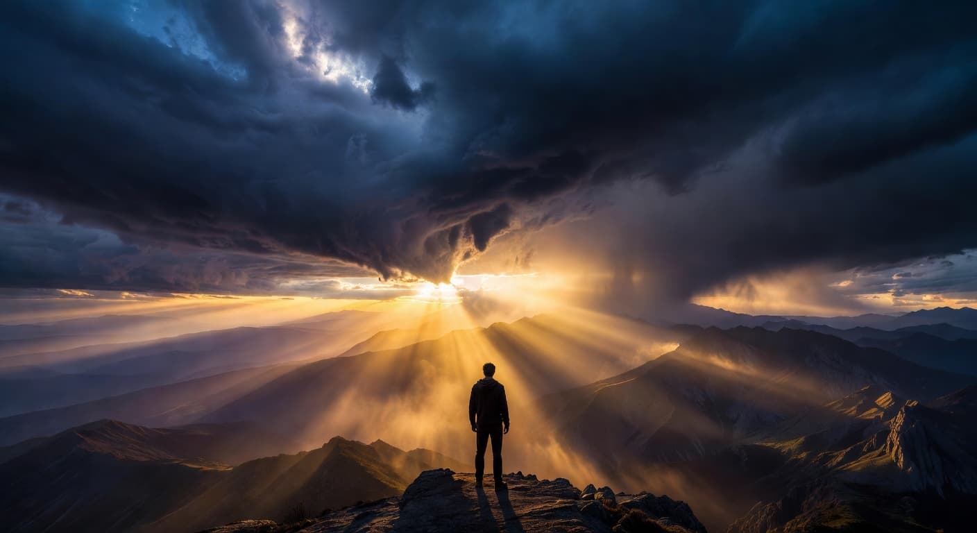 Amanecer intenso con rayos de luz atravesando nubes oscuras sobre un paisaje montañoso