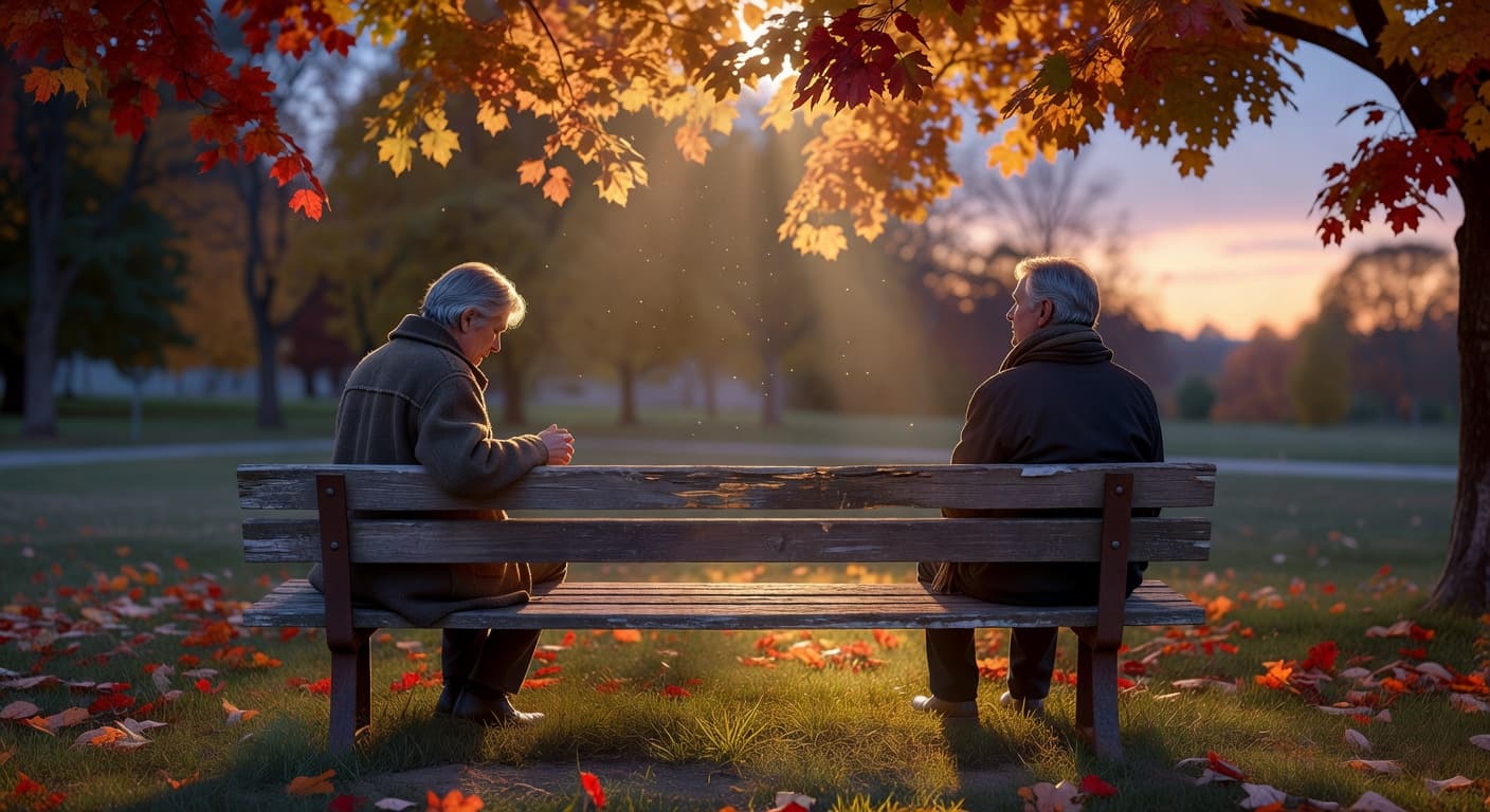Dos personas sentadas en extremos opuestos de un banco de parque al atardecer, con luz dorada entre ellas
