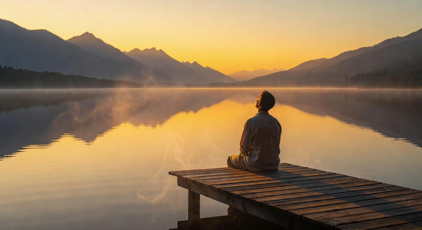 Persona en silencio contemplando un amanecer dorado junto a un lago en calma