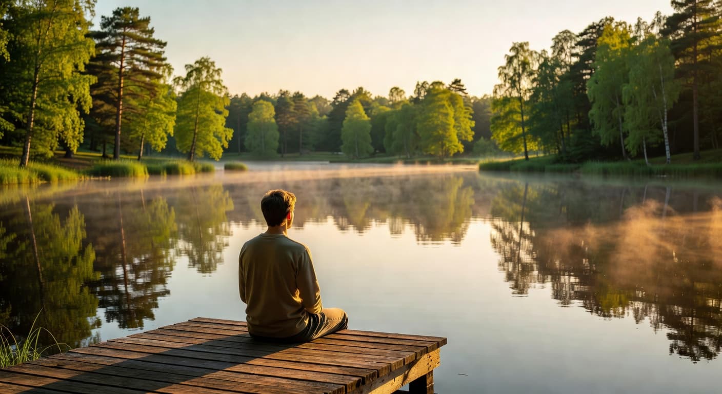 Persona sentada en calma junto a un lago al amanecer, rodeada de naturaleza y luz dorada
