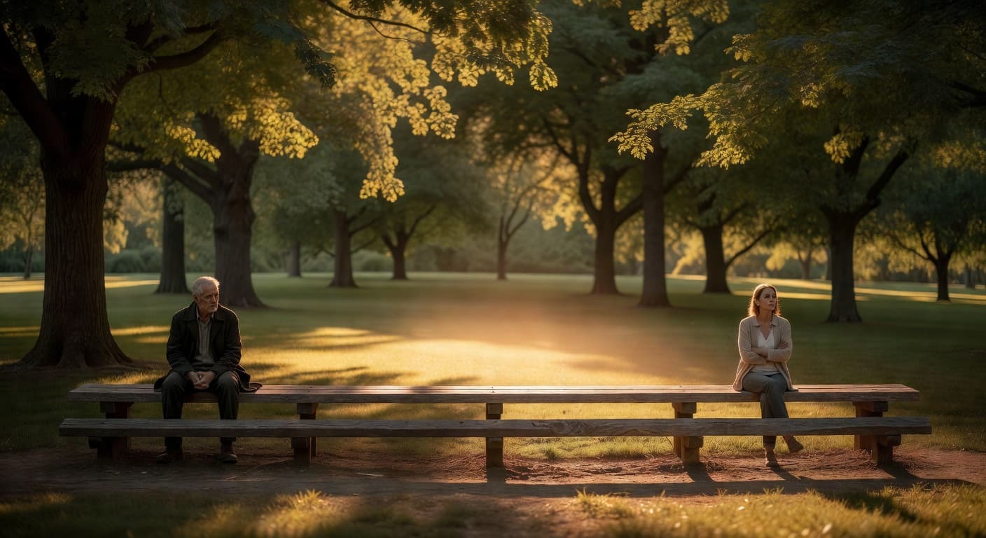 Dos personas sentadas en extremos opuestos de un banco de madera al atardecer, con luz cálida entre ellas
