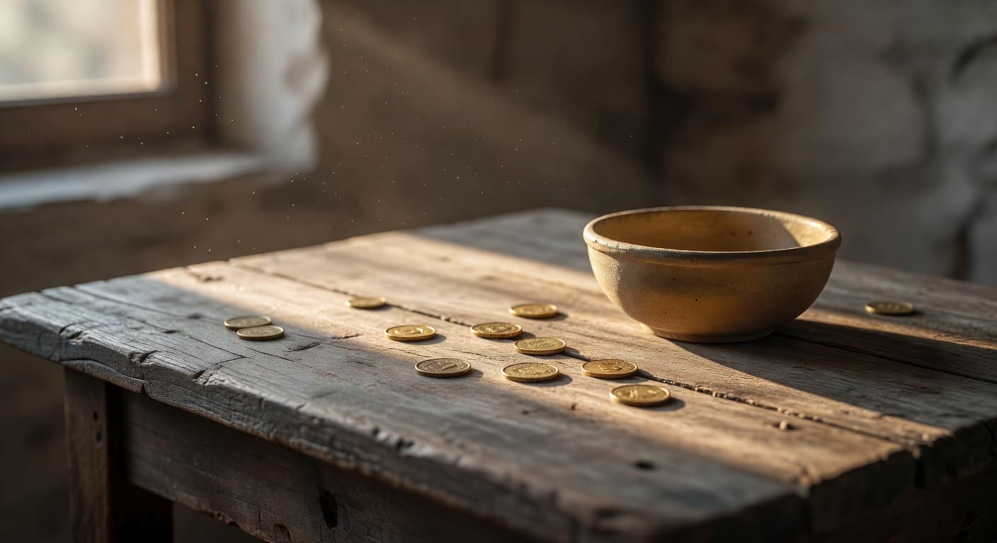 Monedas y billetes sobre una mesa de madera con luz suave entrando por una ventana