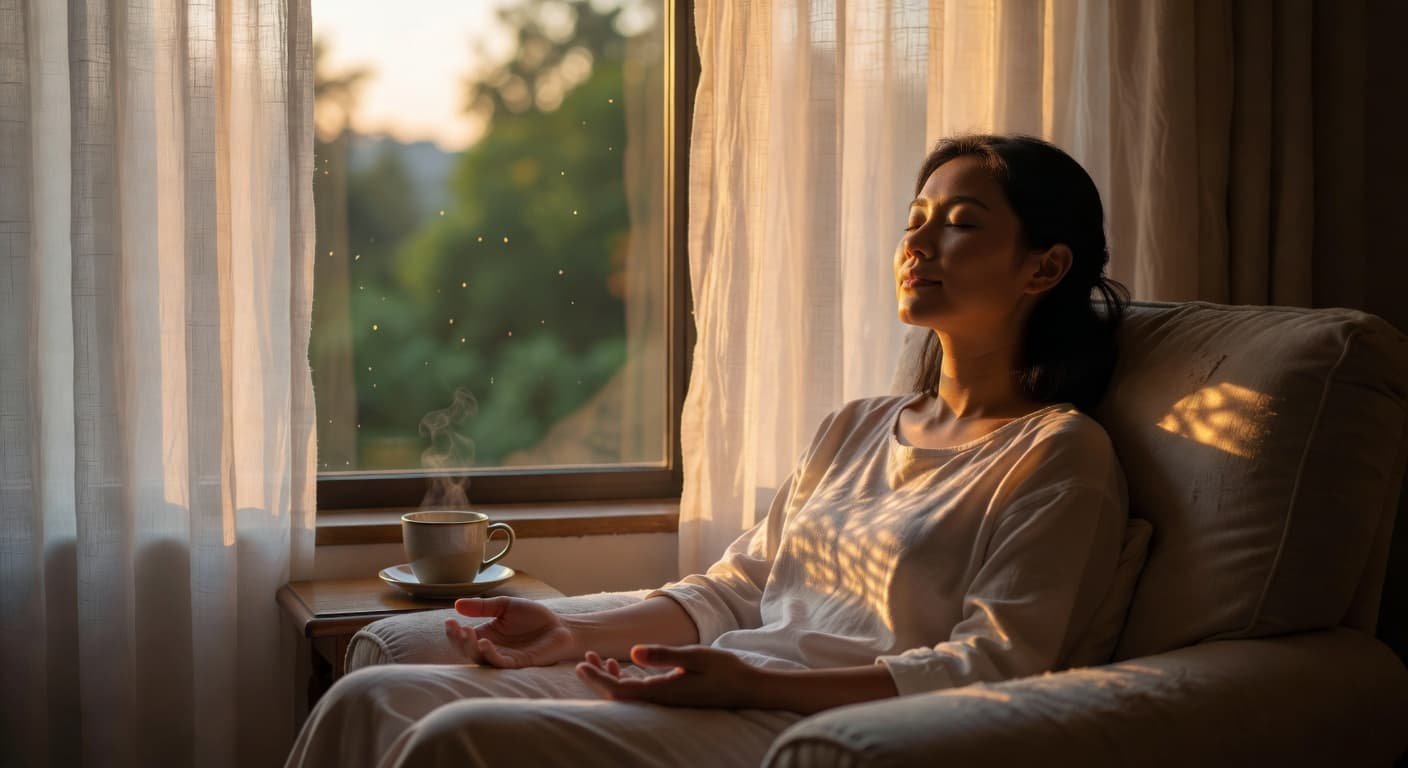 Persona sentada junto a una ventana con luz cálida del amanecer entrando suavemente