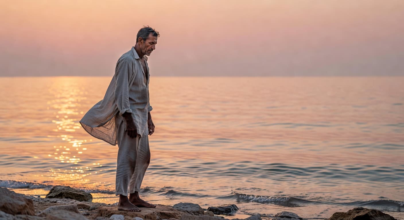 Hombre de pie frente al mar al amanecer, contemplando el horizonte con expresión de esperanza