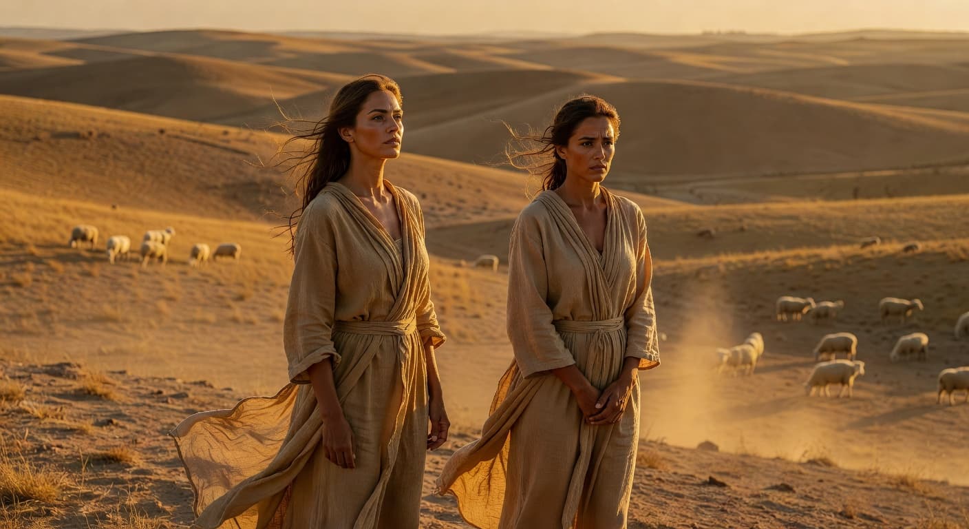 Dos mujeres caminando juntas por un paisaje desértico al atardecer, evocando la historia de Raquel y Lea