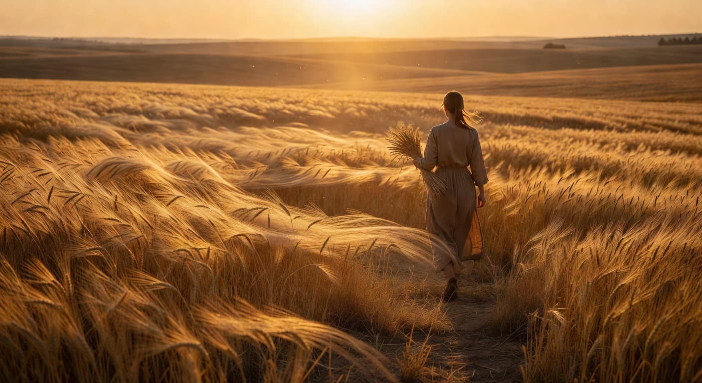 Campo de trigo dorado al atardecer con luz cálida, evocando los campos de cosecha donde Rut espigó