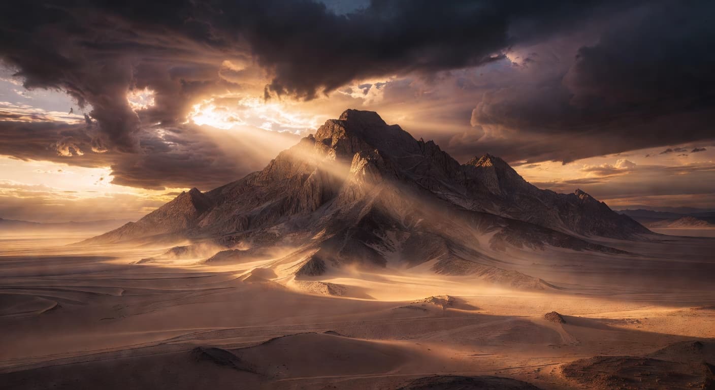 Vista panorámica de una montaña majestuosa al amanecer con luz dorada atravesando las nubes