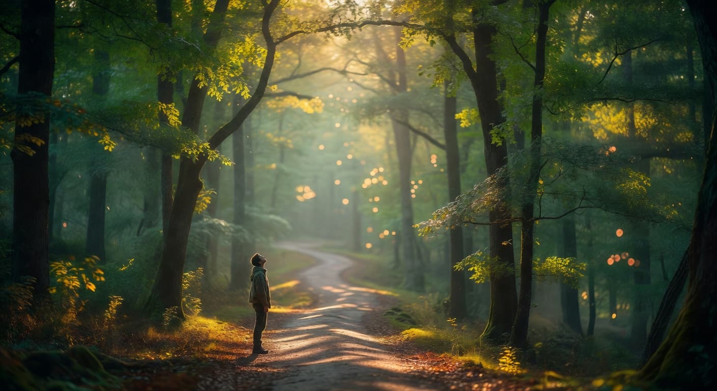 Luz del sol atravesando un sendero entre árboles, evocando descubrimiento y claridad