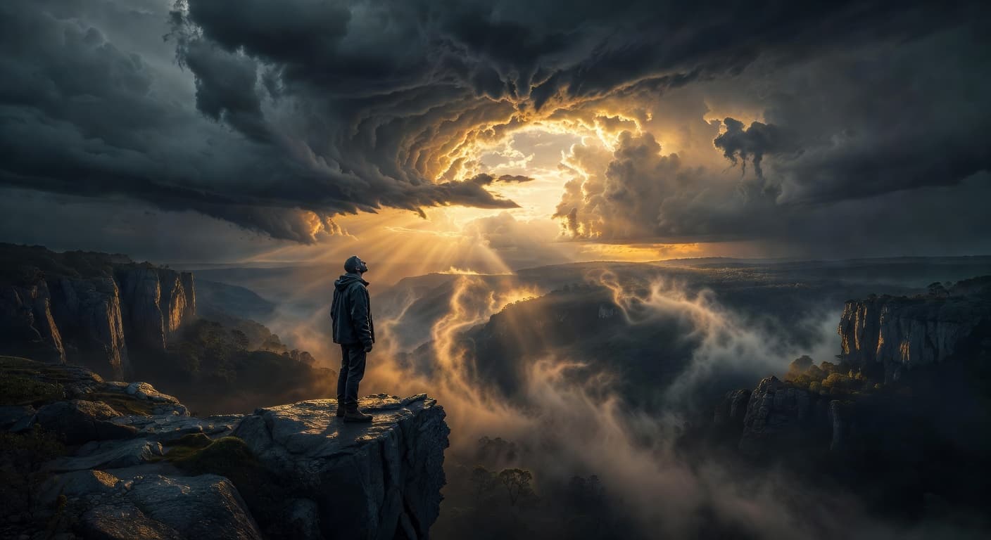 Persona contemplando un amanecer desde una montaña, con luz cálida atravesando las nubes