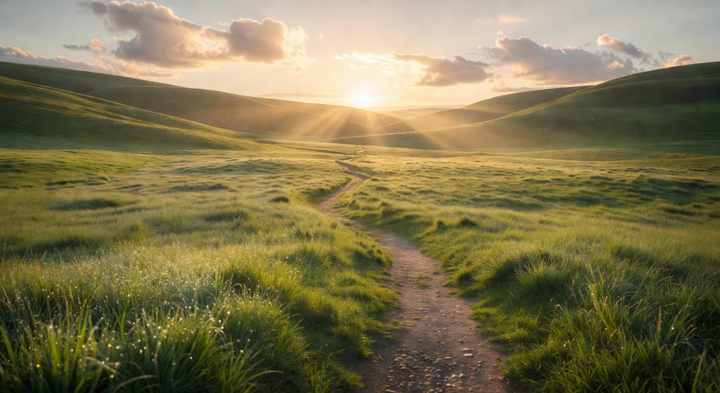 Amanecer dorado sobre un campo abierto con luz cálida que ilumina el horizonte
