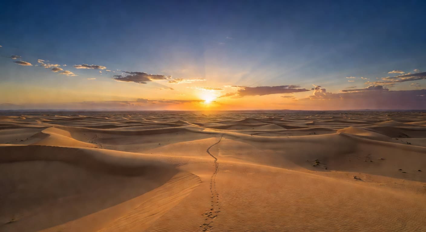 Amanecer dorado sobre un paisaje desértico con luz cálida iluminando el horizonte