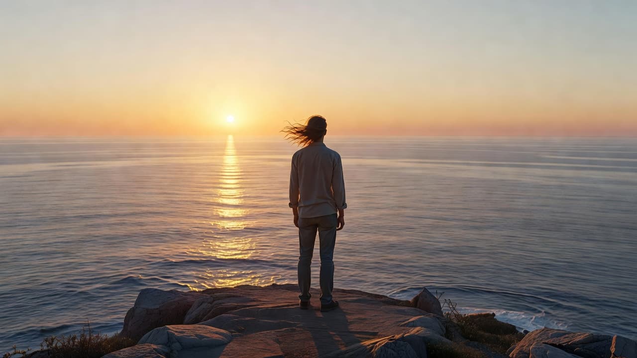 Persona de pie al borde de un acantilado mirando un amanecer dorado sobre el mar