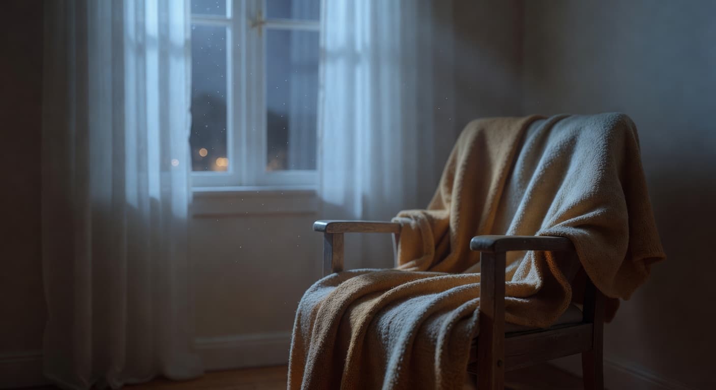 Ventana abierta en la noche con luz suave de luna entrando en una habitación en penumbra