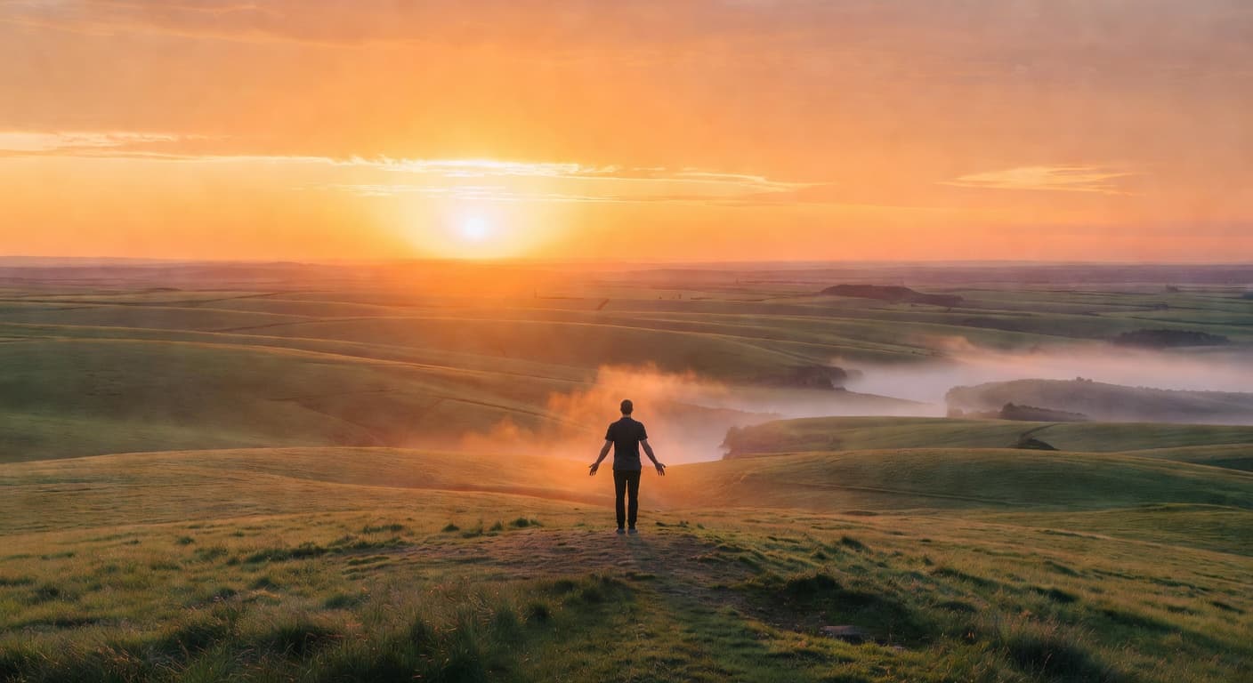 Amanecer dorado sobre un campo abierto con luz cálida que ilumina la naturaleza en calma