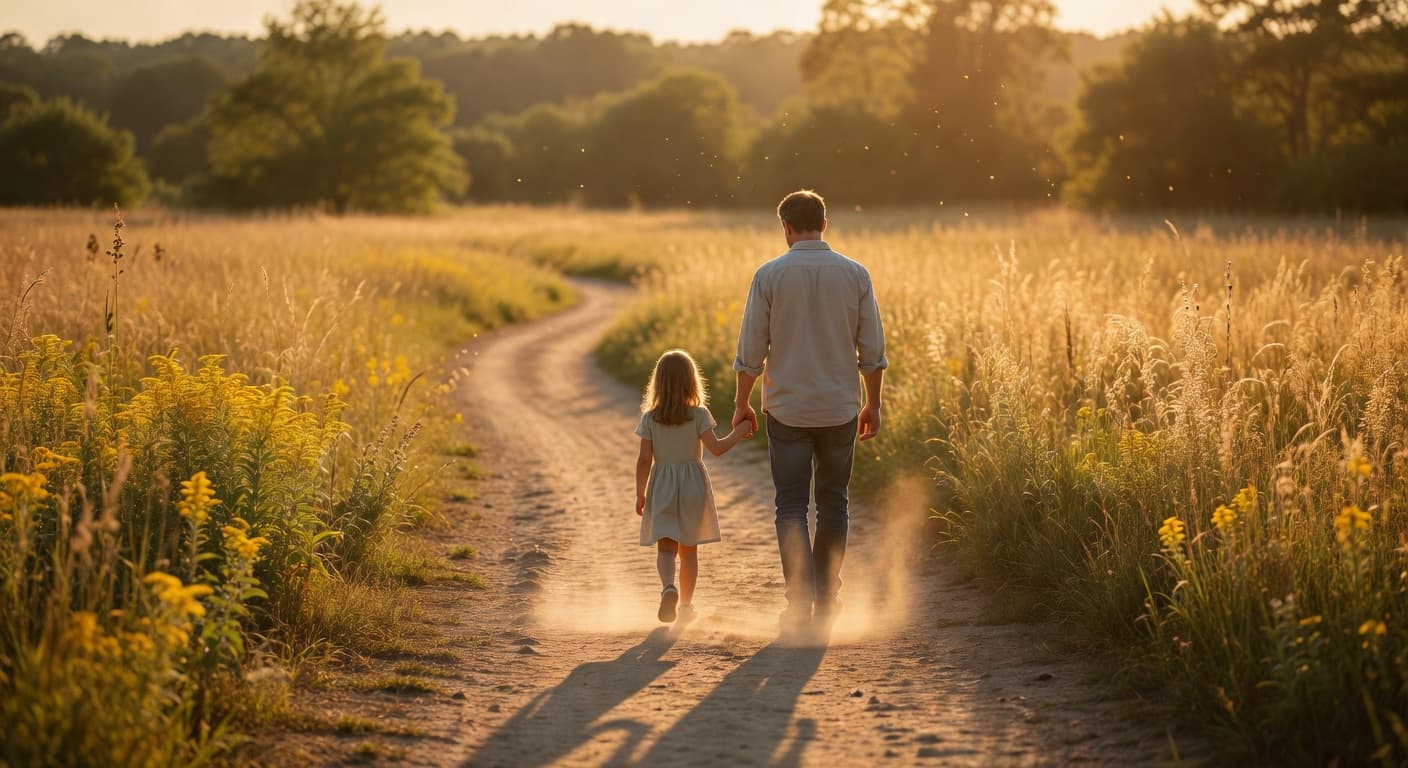 Padre caminando de la mano con su hijo pequeño por un sendero iluminado por la luz del atardecer